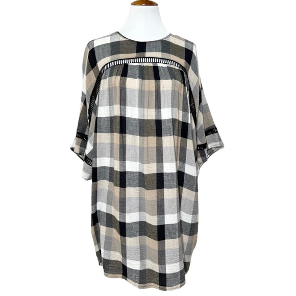 Anthropologie Black Cream Plaid Check Draped Tie Waist Belted Kimono ShirtDress - Picture 12 of 16